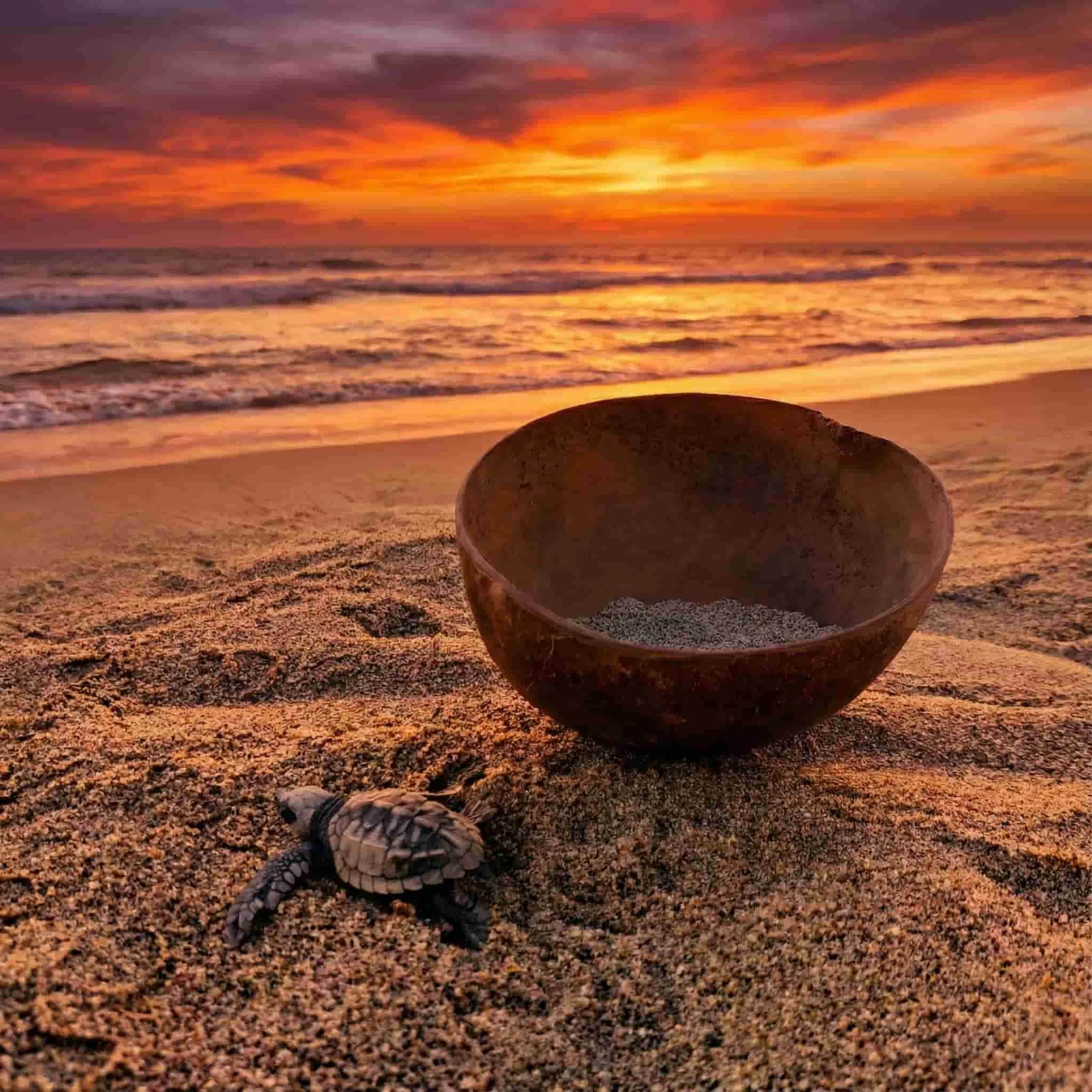 Cría de tortuga marina golfina arrastrándose hacia la orilla del mar en Oaxaca al atardecer